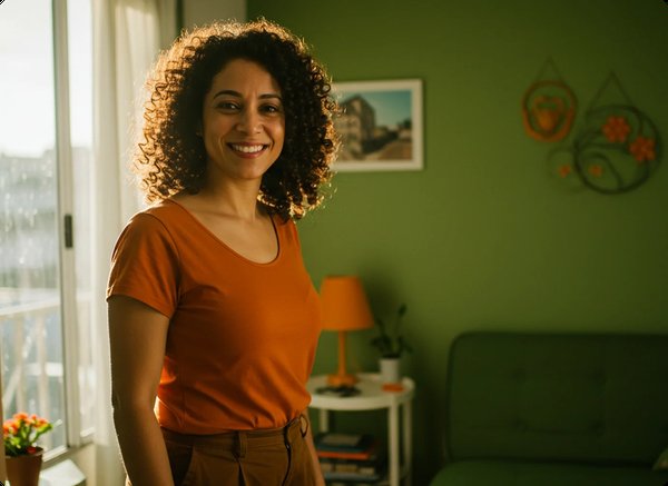 Mulher sorrindo em ambiente acolhedor, pronta para uma conversa em família
